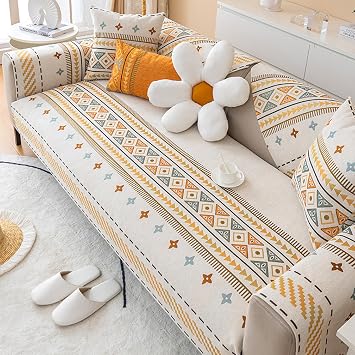 Boho Chenille Anti-Scratch Couch Cover, Geometric Couch Covers For Sofa, Non Slip Striped Couch Slipcover, Sectional L Shaped Sofa Furniture Protector Cover For HomeSize70x90cm28x35in,ColorBeige