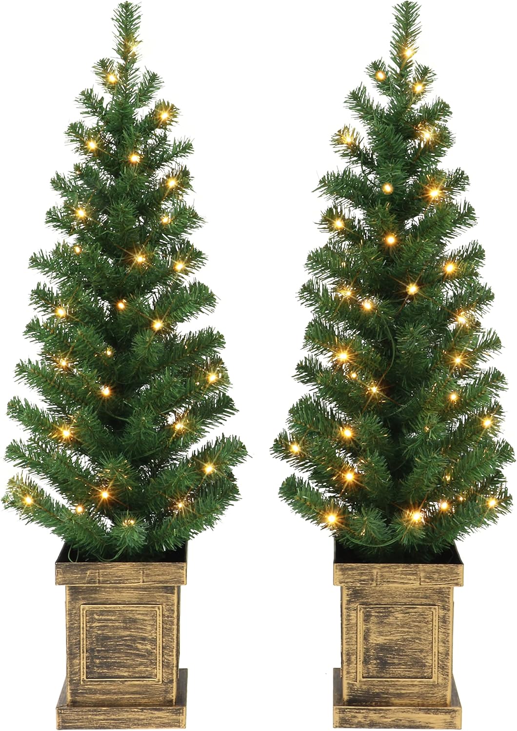 Set of 2, 3.5 ft B/O Potted Pre-lit Trees, 90 Tips, 35 Warm White LED Lights, Plastic Pot, (3 x AA Batteries not Included), 6/18 Hours On/Off Timer Function