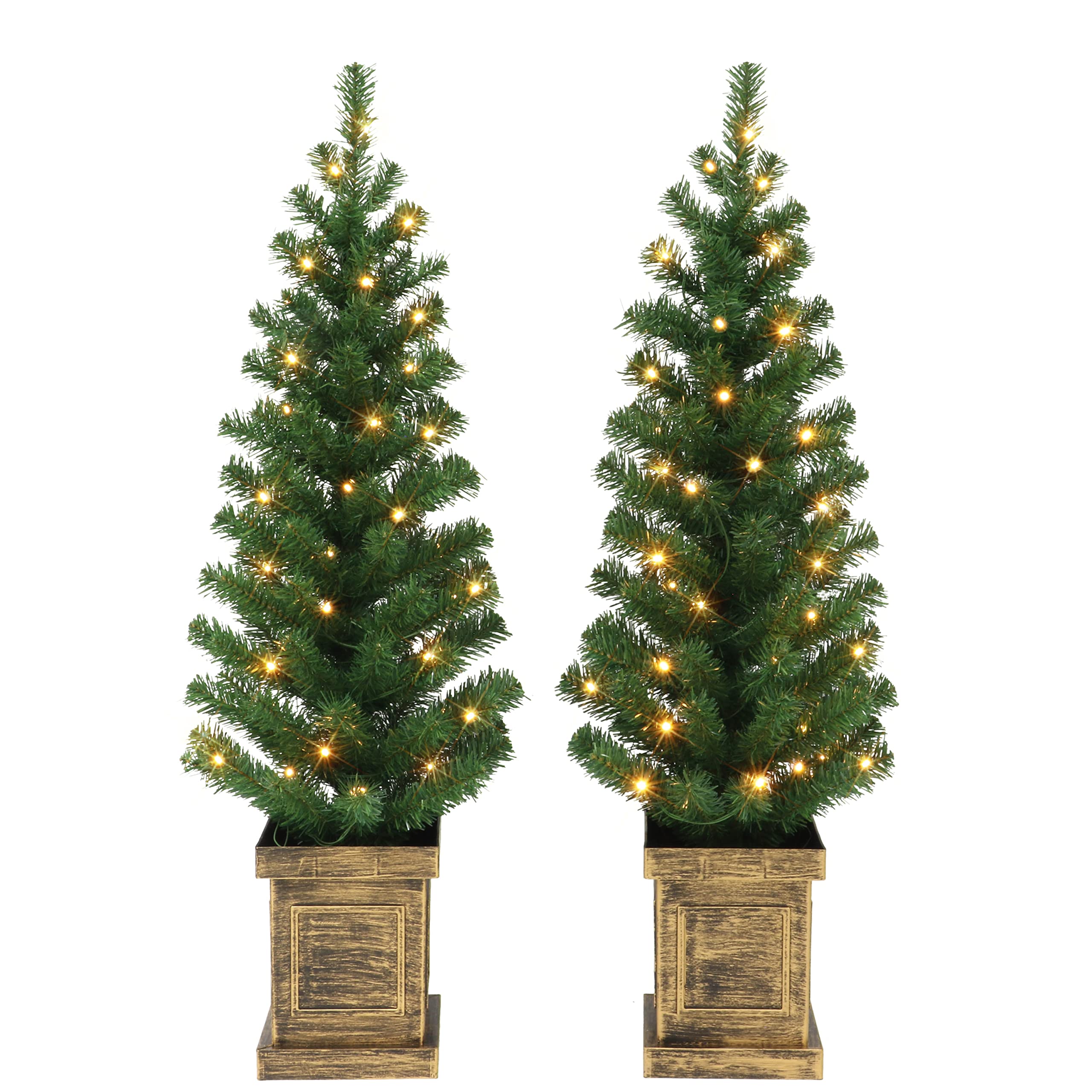 Set of 2, 3.5 ft B/O Potted Pre-lit Trees, 90 Tips, 35 Warm White LED Lights, Plastic Pot, (3 x AA Batteries not Included), 6/18 Hours On/Off Timer Function