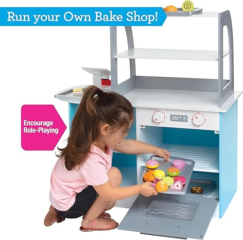 Miniatura 2 de Juego de madera para panadería, soporte de simulación para niños, 25 piezas para pastelería, mostrador de café con alimentos, donas, pasteles,