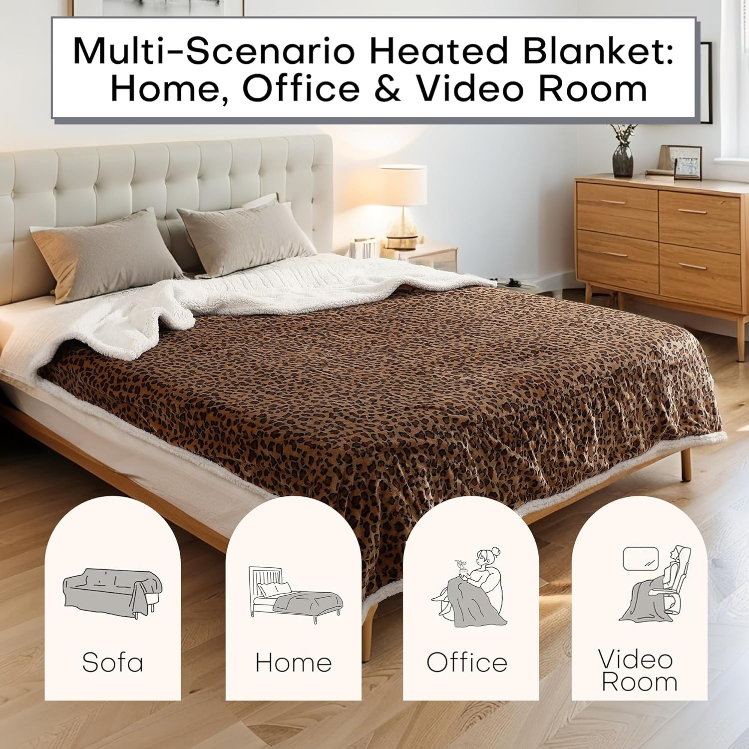 Electric Heated Blanket Full Size 72"x84" - Dual-Sided with Microplush & Sherpa Fabric, 4 Heat Settings & 10 Hours Auto Off, Machine Washable - Leopard Print - Image 5