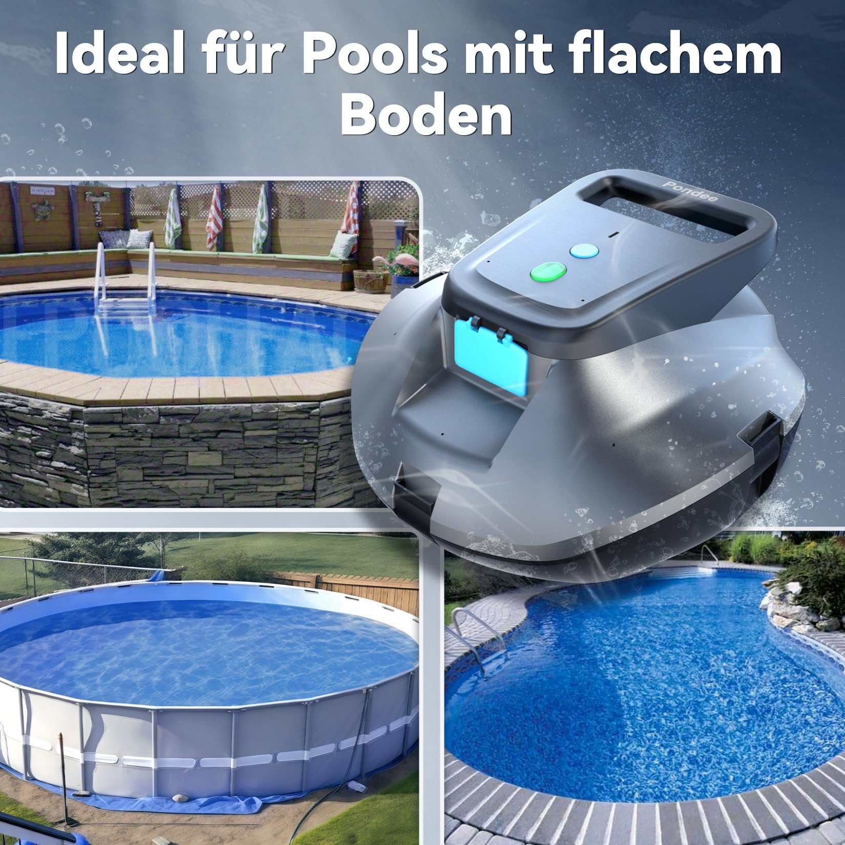 (Upgrade 2026) X1 Poolroboter Akku, Kabelloser Poolsauger mit 120 Min Laufzeit, Auto-Parkfunktion, 2,5 h Schnellladung, für Aufstellpools & Ebene eingelassene Pools bis 80m²