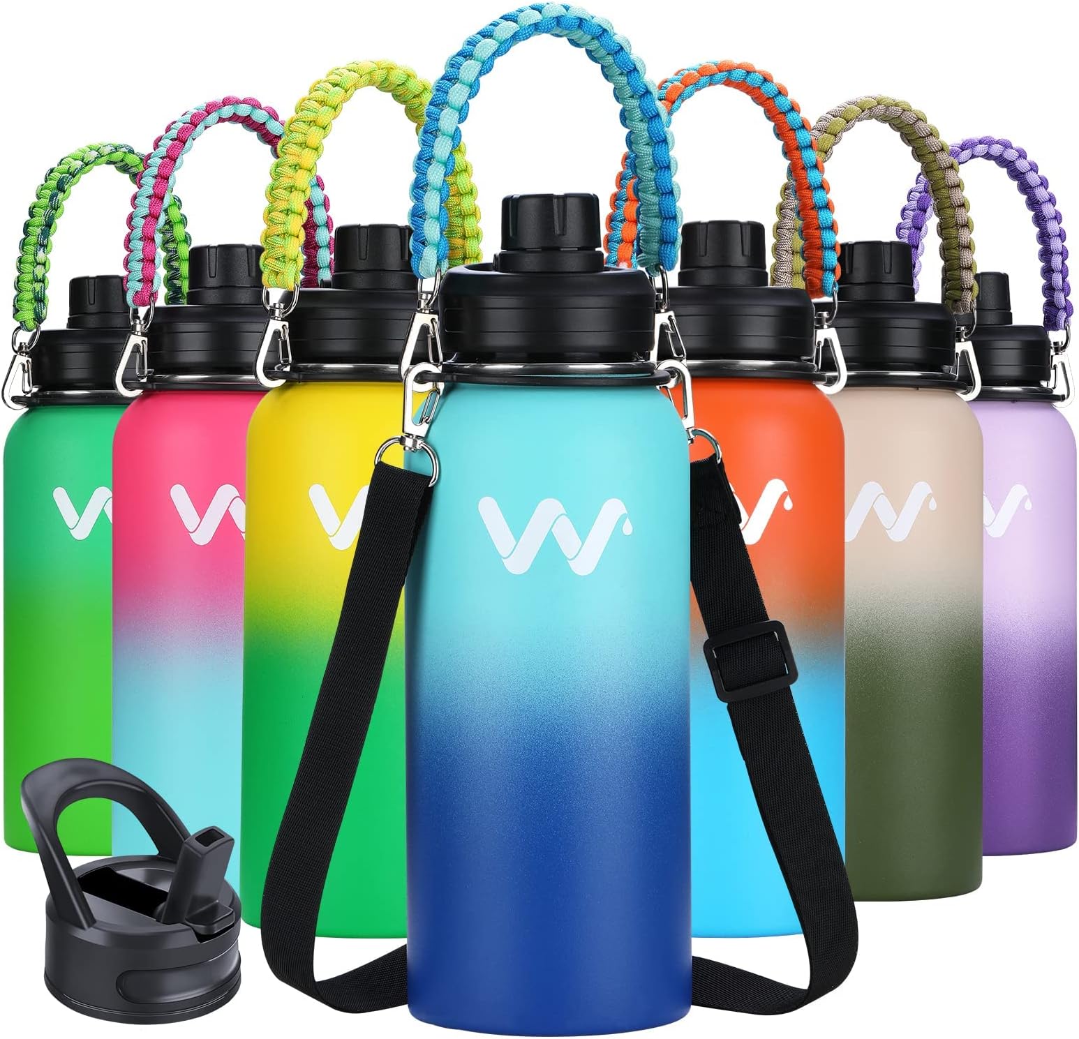 WEREWOLVESInsulated Water Bottle With Paracord Handles & Strap & Straw Lid & Spout Lid,Reusable Wide Mouth Vacuum Stainless Steel Water Bottle for Adults 24 oz, 32 oz, 40 oz
