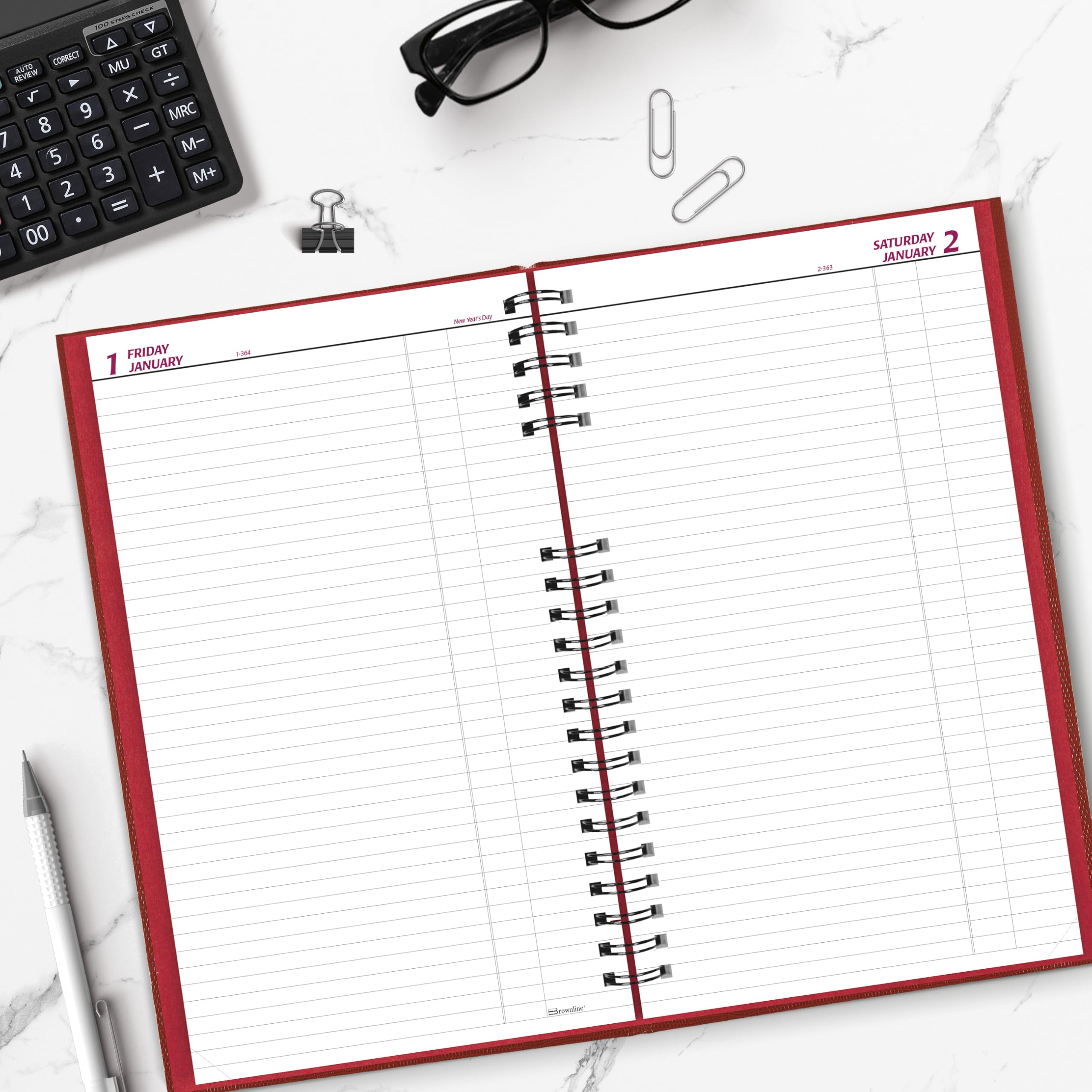 Brownline® CoilPro™ Agenda giornaliera 2027, senza tempo, 12 mesi, da gennaio a dicembre, rilegatura a doppio filo, 34,3 x 20 cm, rosso brillante (C551C.RED)