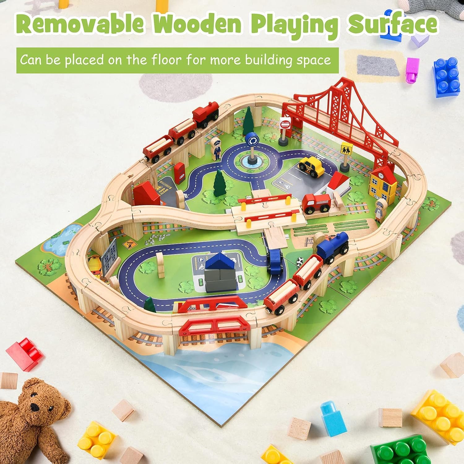 Image showing the removable wooden playing surface of the train table, which can be placed on the floor for more building space.