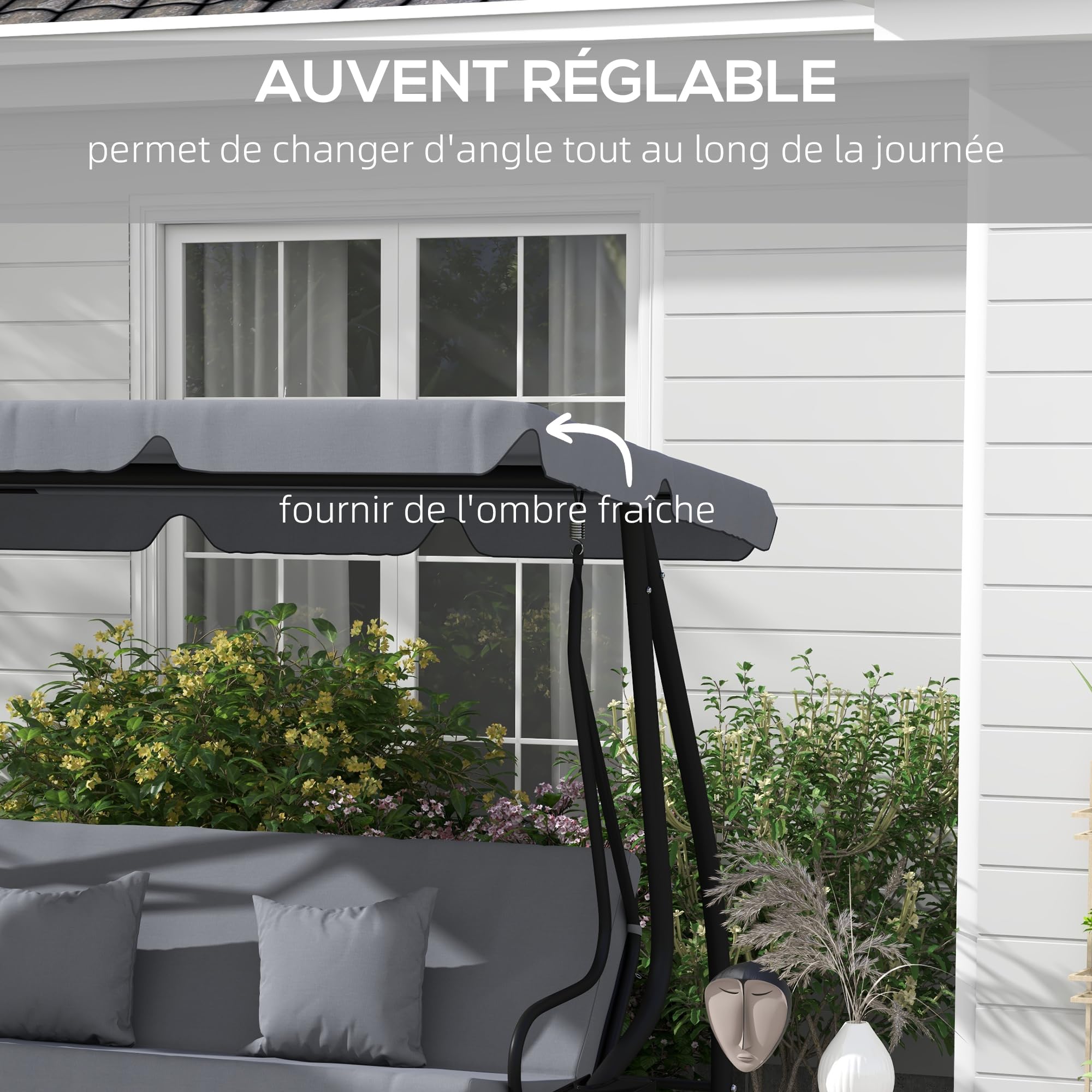 Outsunny Balancelle de Jardin 3 Places Convertible Toit Inclinaison réglable Métal Époxy Noir Polyester Gris foncé