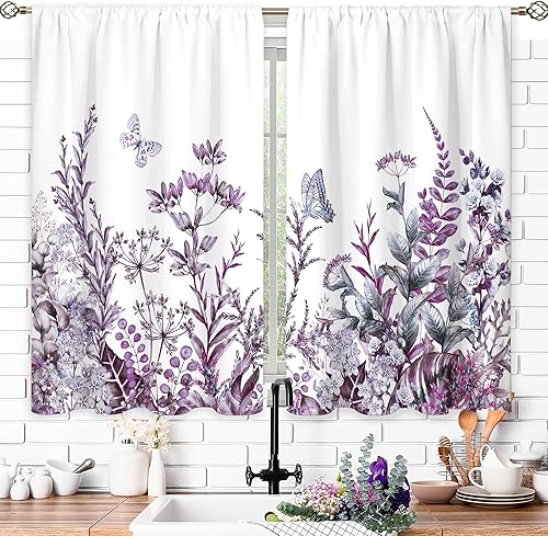 Miniatura 3 de oolygoo Cortinas de cocina pequeñas de flores silvestres moradas, hojas botánicas, tratamiento de mariposas florales, cortinas cortas para ventana