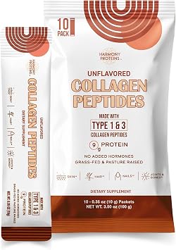 Harmony Unflavored Collagen Peptides Powder 10 Stick Packets | Hydrolyzed collagen protein, Unflavored powder mixes in coffee tea or water, Single serve stick packets, 10 servings