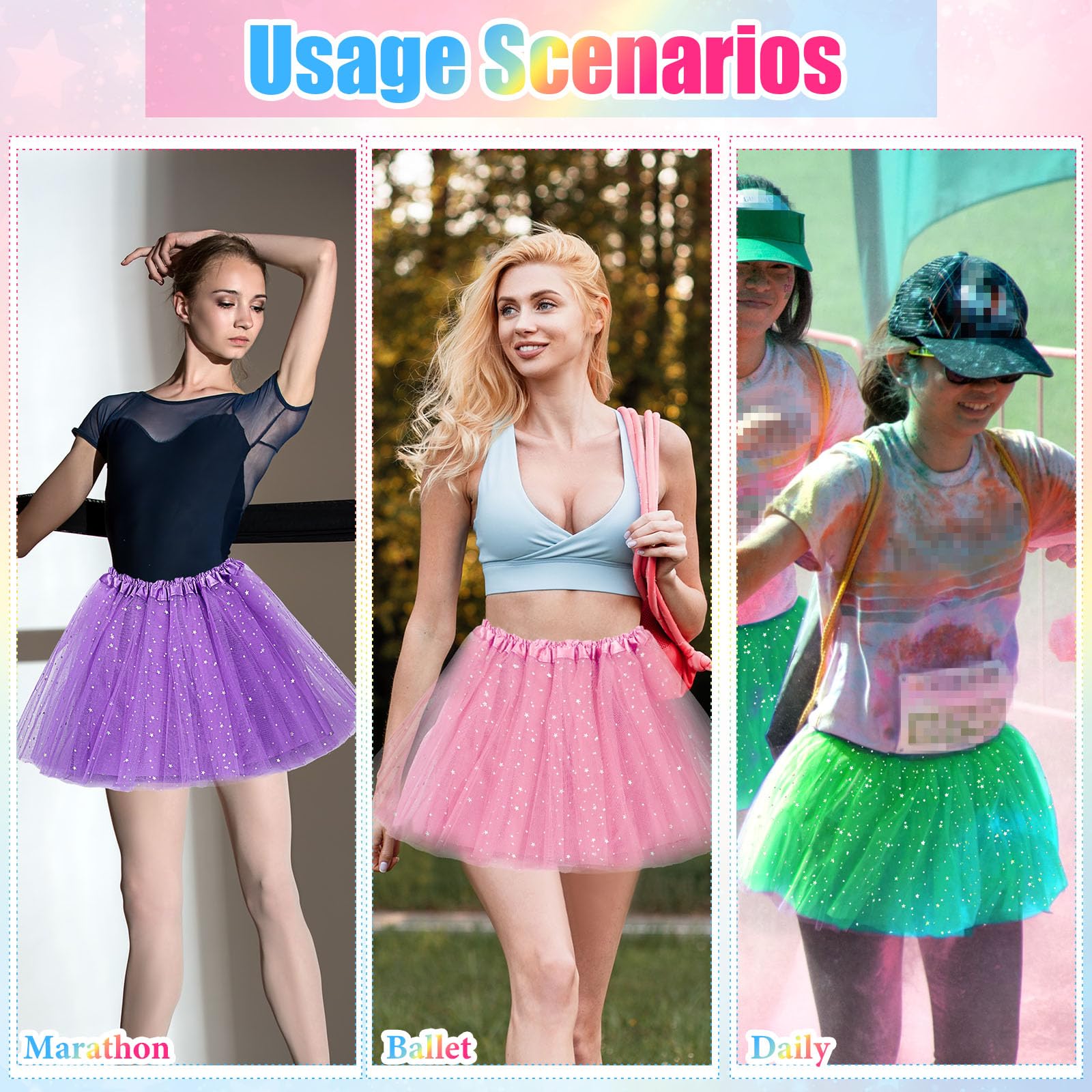 Foaincore 9 Stück Damen Tutu Rock Erwachsene 4 Schichten Tüll Sterne Pailletten Ballett Tanzkleid Paillettenrock