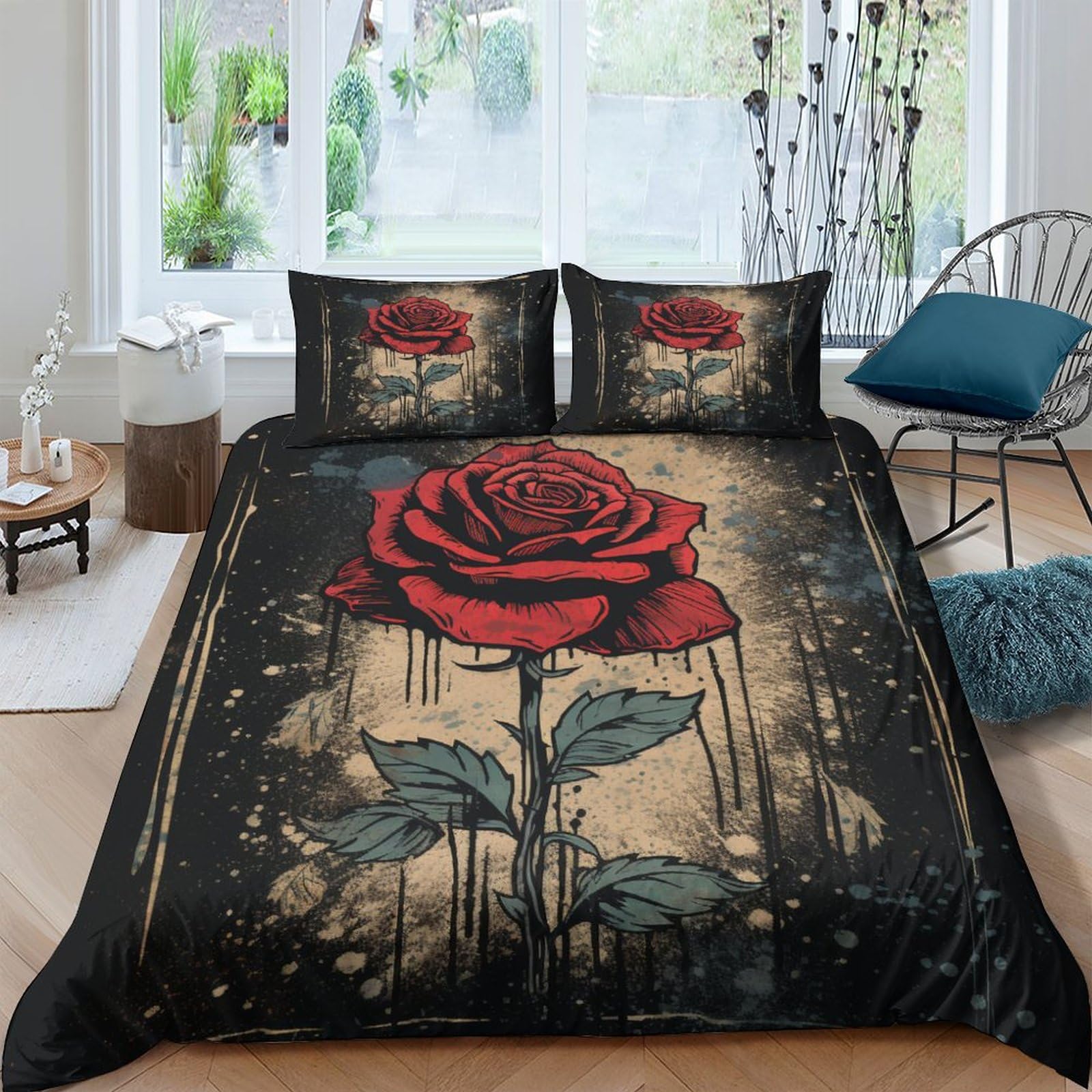 Housse de couette microfibre de qualité supérieure motif roses anciennes effet vieilli 3D