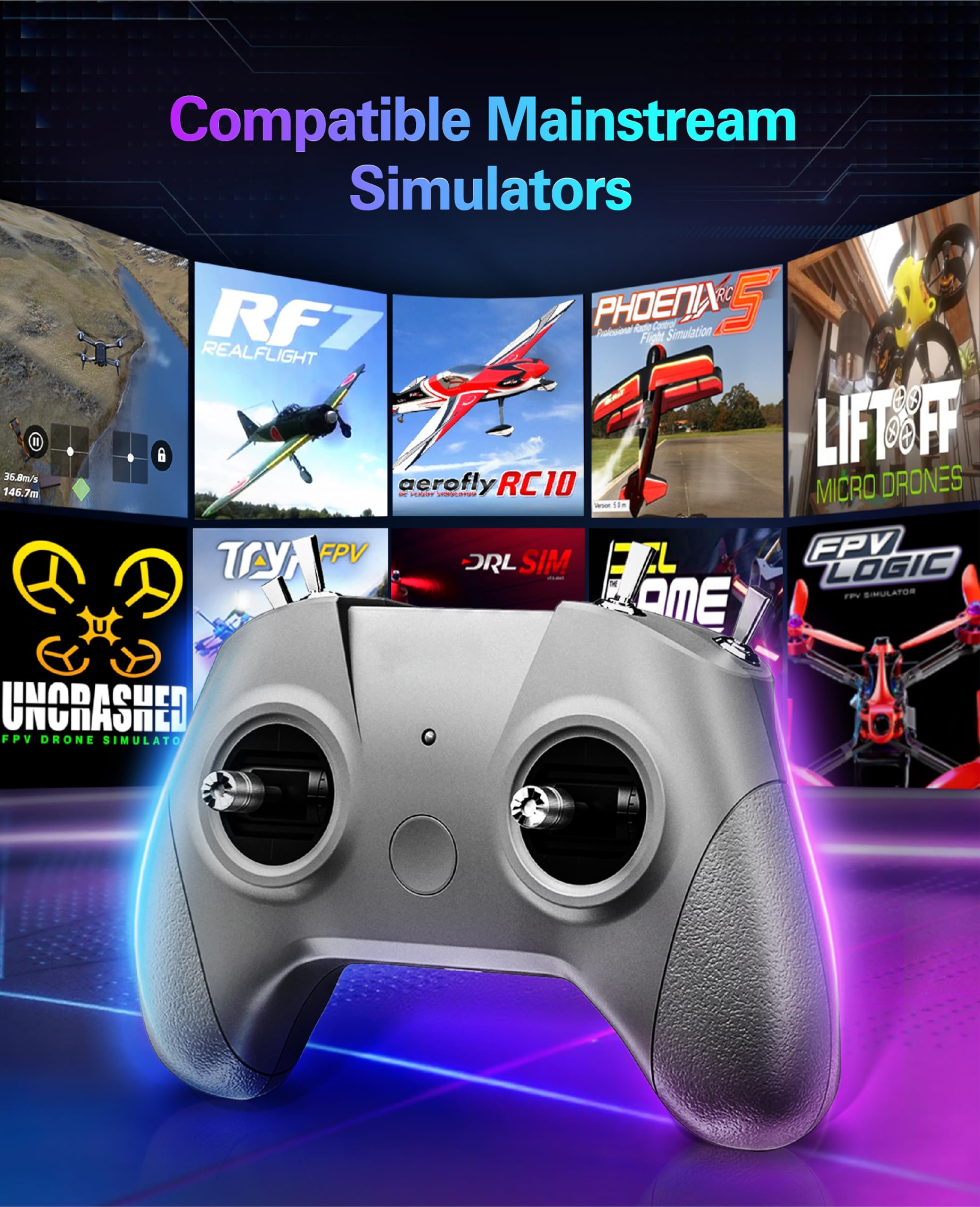 STARDRONE S8 Pro Controlador de Simulador de Drones FPV, Joystick Metálico de 8 Canales, Modo 2, Compatible con Liftoff, DRL,RealFlight Evolution, Uncrashed, VelociDrone y Más Simuladores, Color Gris