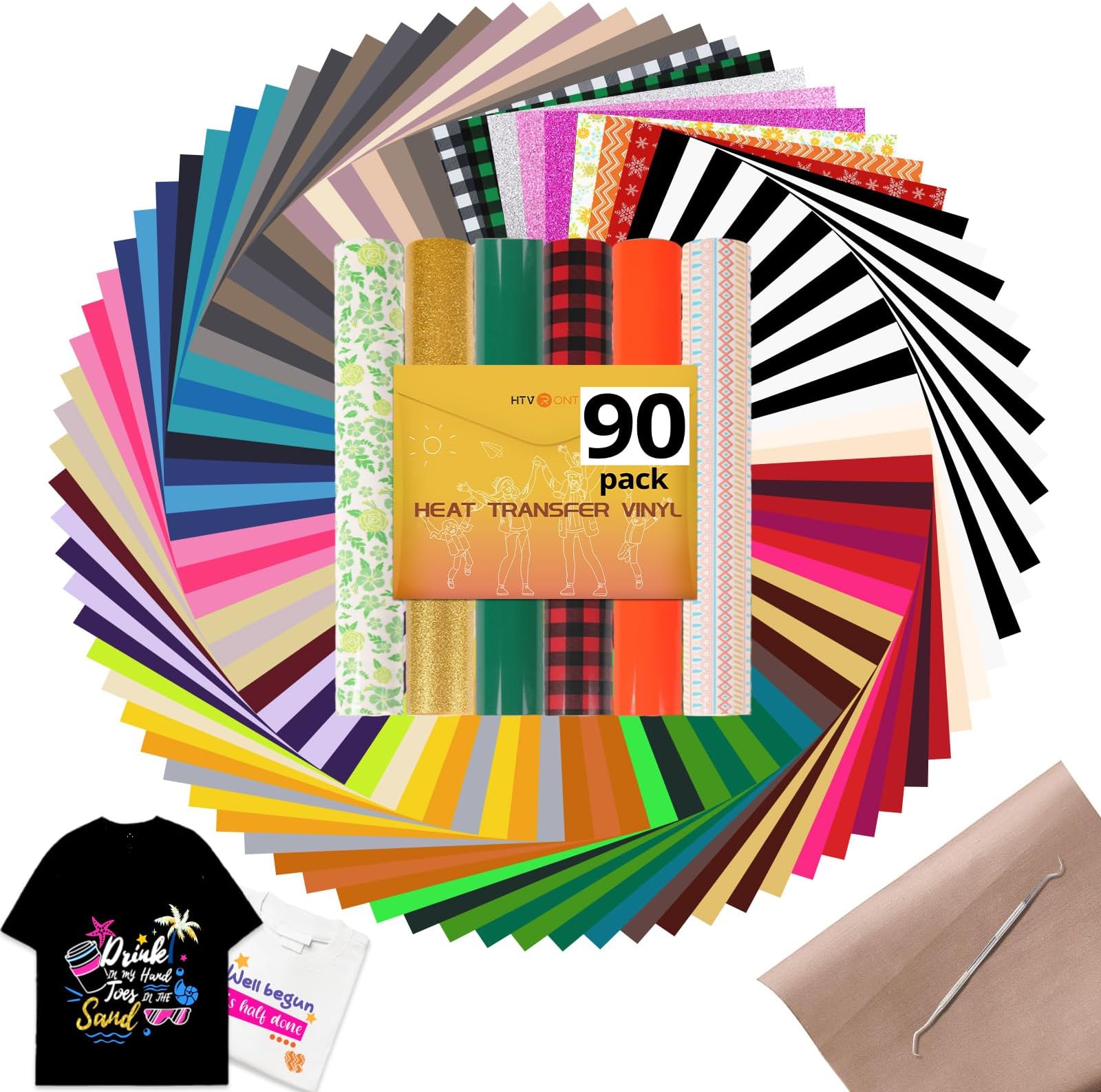 HTVRONTHeat Transfer Vinyl Bundle, 90 Pack, 12" x 10", 58 Assorted Colors, Iron On Vinyl for T-Shirts