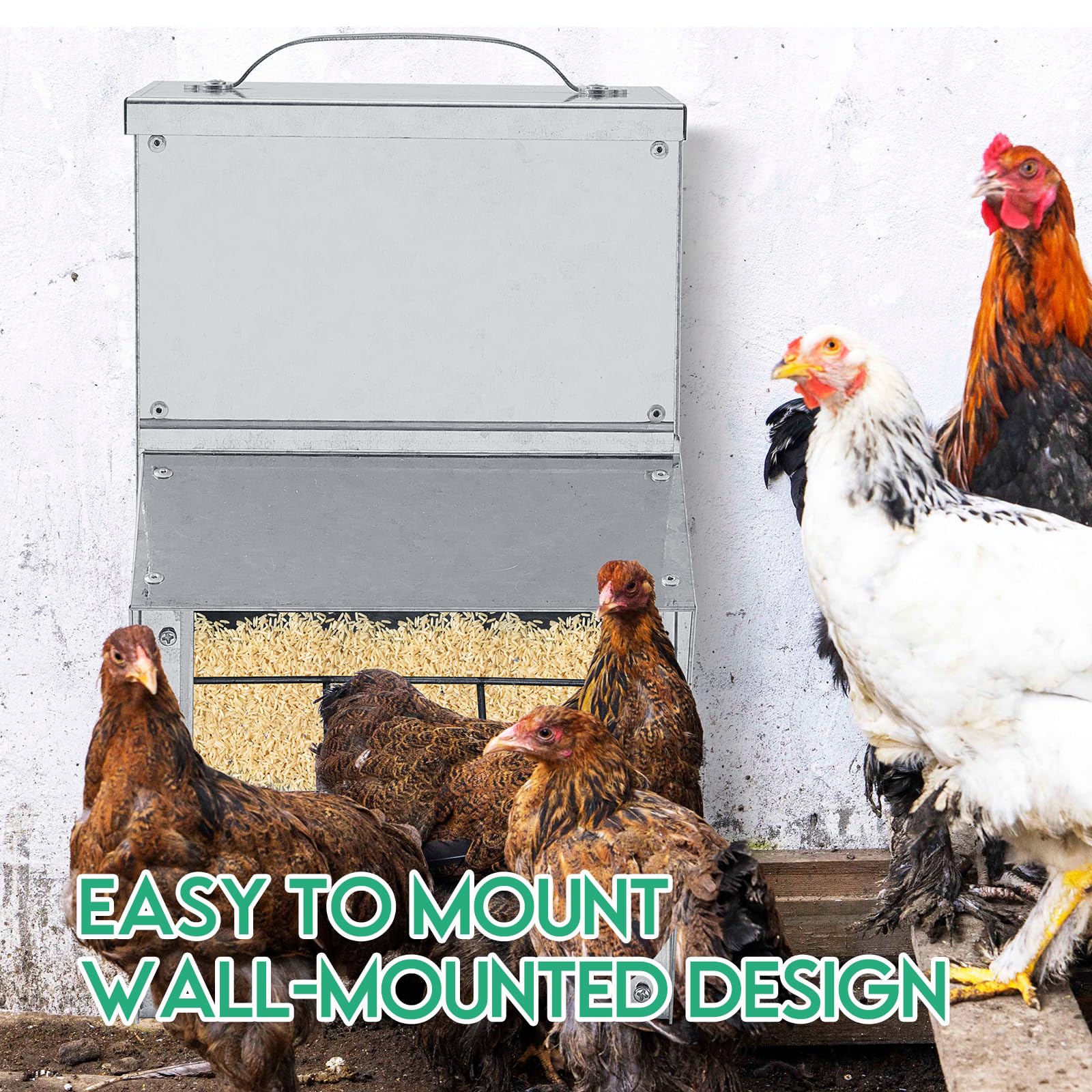 Uiifan 2 comederos galvanizados para pollos resistentes a la intemperie, dispensador de alimentos para aves de corral con tapa, dispensador de alimentos para pollo, alimentador de patos, comedero de
