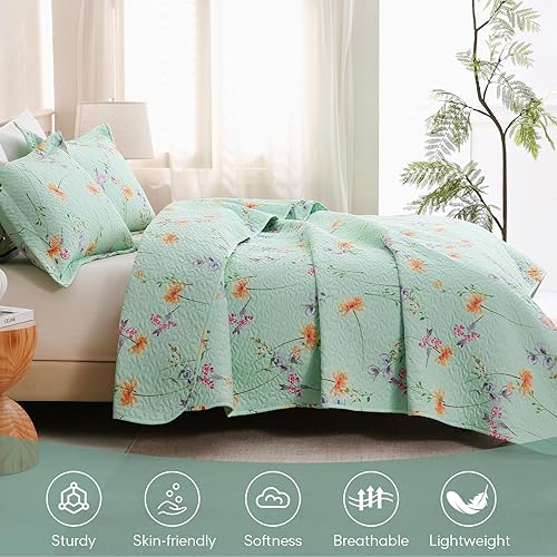 Miniatura 6 de JSD Juego de edredón floral verde, tamaño matrimonial, Queen, colcha estampada de 3 piezas con funda de almohada, manta acolchada de microfibra suave