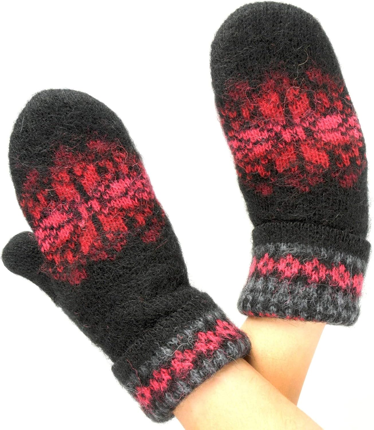 Warm Women Knit Mittens 100% Icelandic Wool Fleece Lined Fire Red and Black
