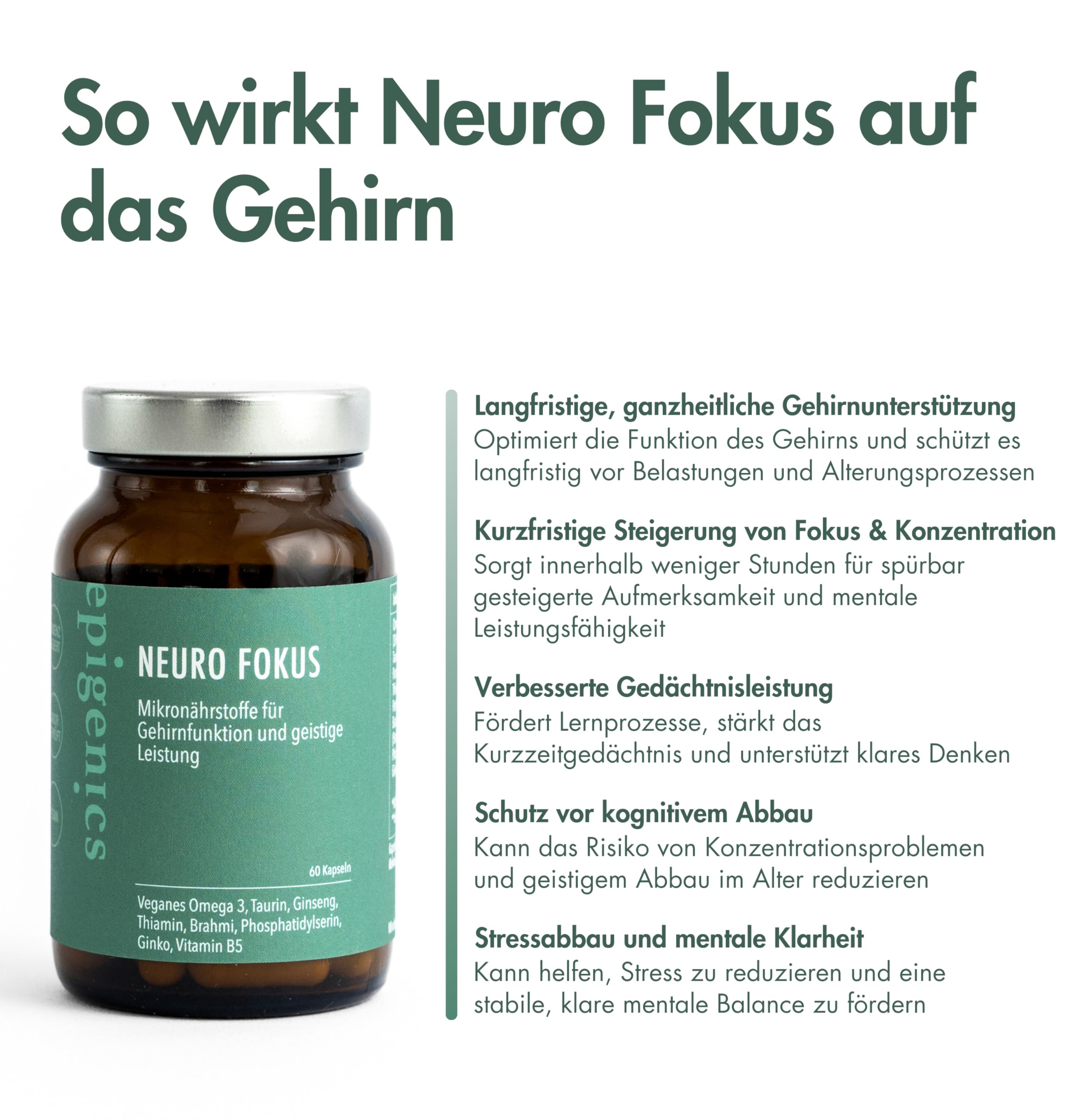 Epigenics Neuro Fokus Kapseln mit Ginkgo, Brahmi, Phosphatidylserin, Ginseng & Omega-3 (DHA/EPA) plus Vitamin B1 & B5 – Nahrungsergänzung für Konzentration & mentale Leistung – vegan (30 Tage)