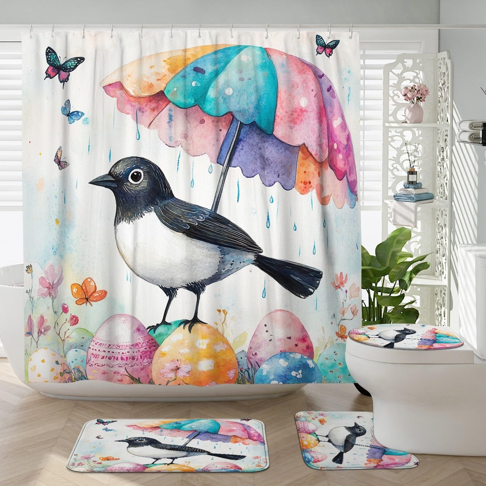 Lot de 4 rideaux de douche avec tapis de bain et contour WC 183cm