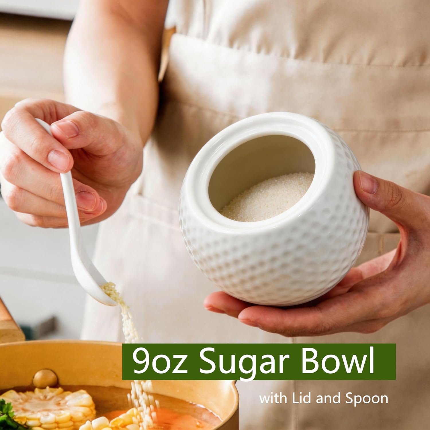 12oz Sugar Bowl with Lid and Spoon - Ceramic Sugar Jar Dispenser for Coffee Bar Kitchen Countertop Canister Salt & Spice Container - White (9, ounces)