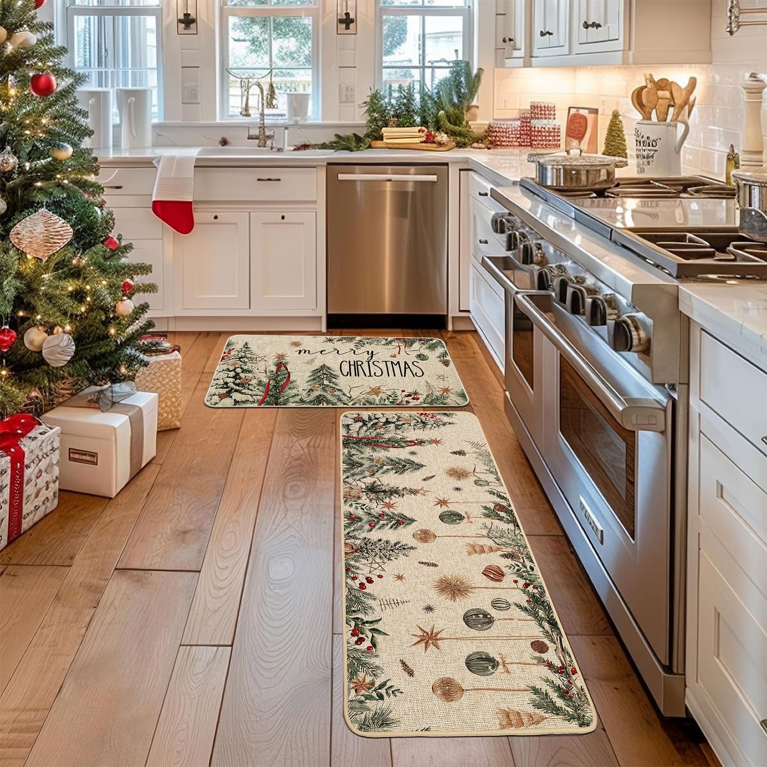 Baccessor Merry Christmas Kitchen Mats Set of 2, Chritmas Tree Holly Ornament Winter Low-Profile Non Slip Absorbent Kitchen Mat Rugs Holiday Farmhouse Home Floor Indoor Decor 17x29 and 17x47 Inch