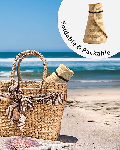 Miniatura 4 de FURTALK - Sombreros enrollables de paja para mujer, con visera ancha, para la playa, para usar con cola alta en el cabello, FPU contra rayos