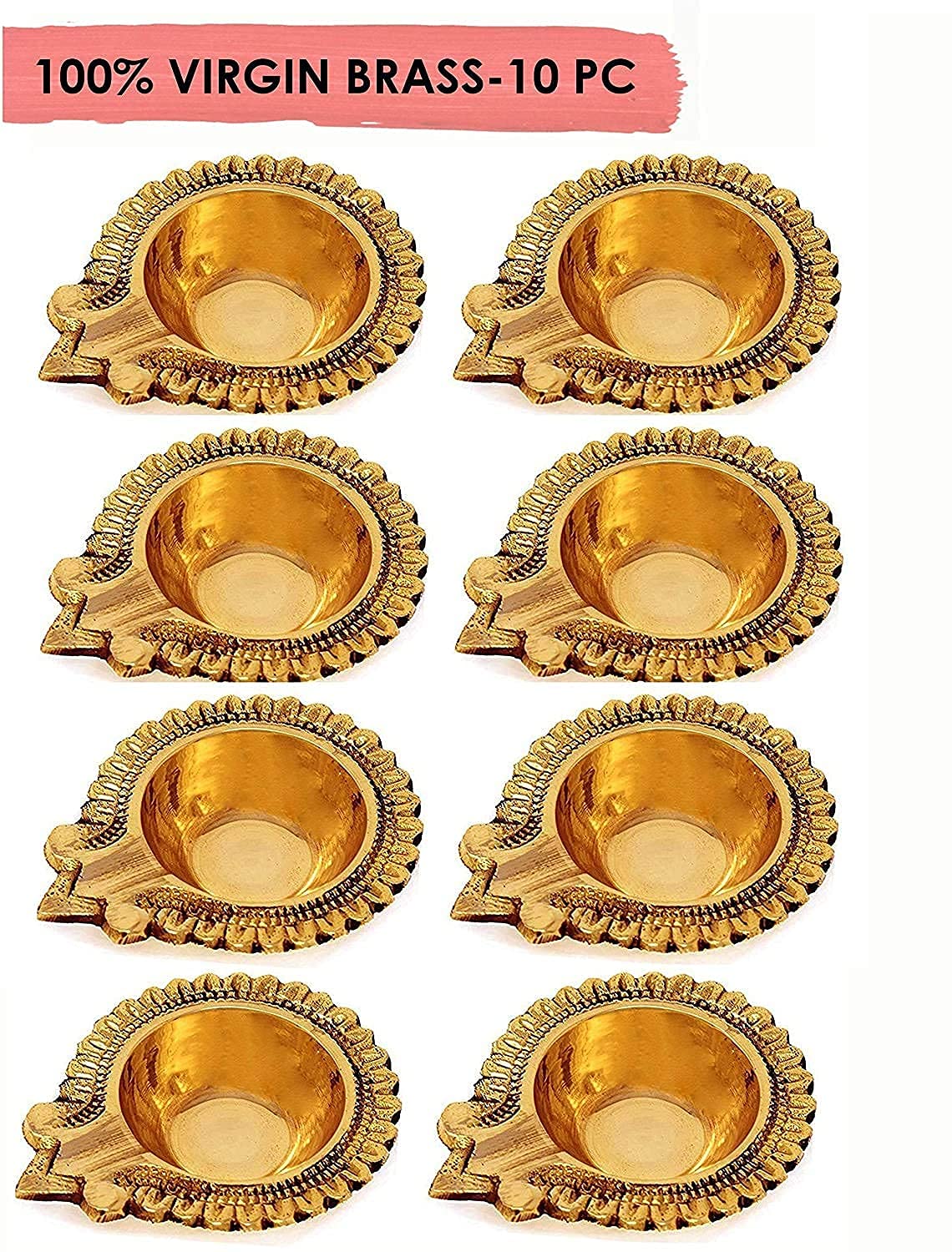 SATVIK Lakshmi Deepak Set - 10 Pc Handmade Brass Oil Lamps, Golden Engraved, For Diwali Puja