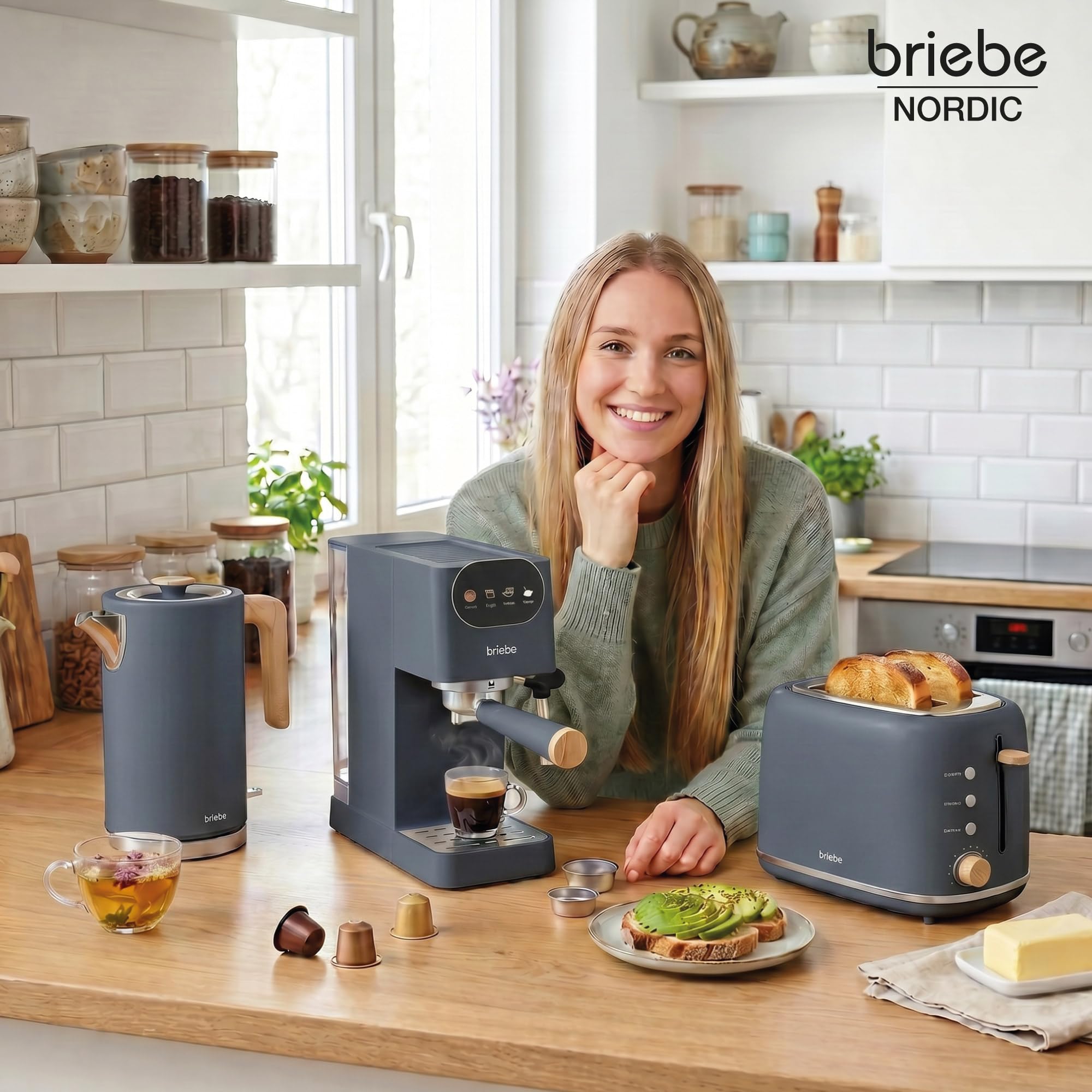 briebe Nordic Ensemble Machine à Café Expresso 20 Bars Capsules et Café Moulu + Bouilloire Électrique 1,7L sans Fil, 2200W + Grille Pain 2 Fentes Larges, Set Petit-Déjeuner Design Nordique Gris