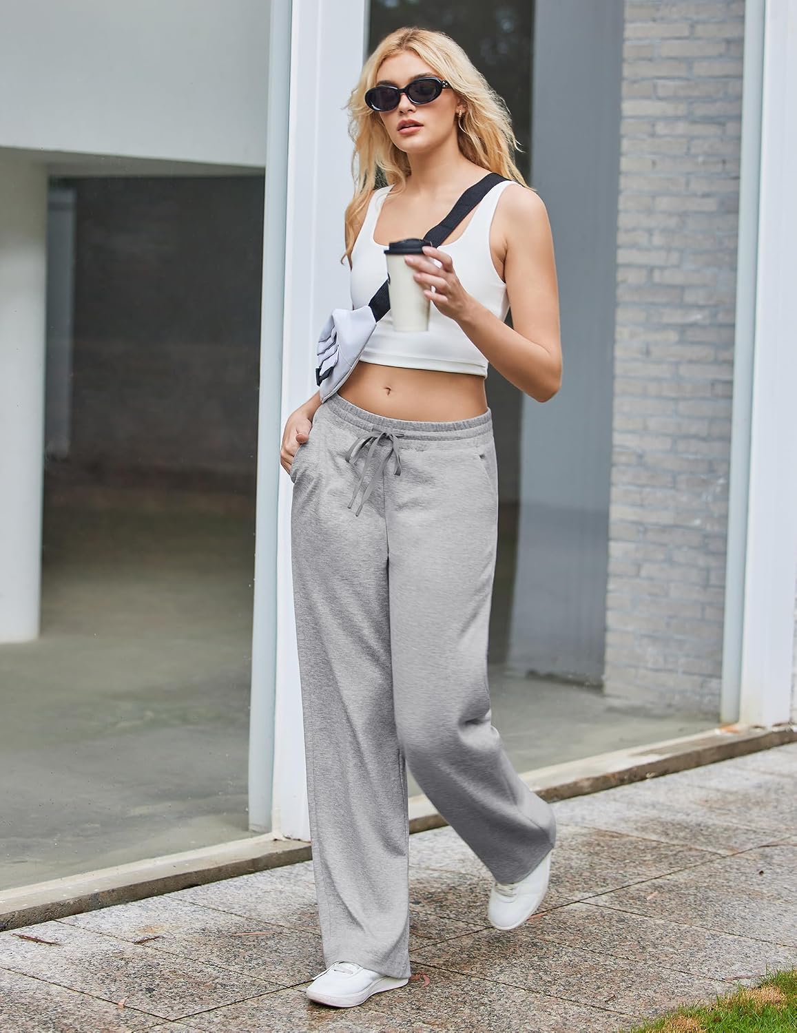 PINSPARK Women's Wide Leg Sweatpants High Waisted Baggy Workout Sweat Pants Comfy Drawstring Athletic Pants with Pockets
