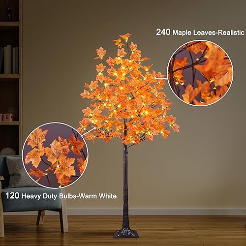 Miniatura 3 de Árbol de arce artificial iluminado de 6 pies, 120 luces LED, blanco cálido, decoración de árbol de otoño para interiores y exteriores, cosecha de