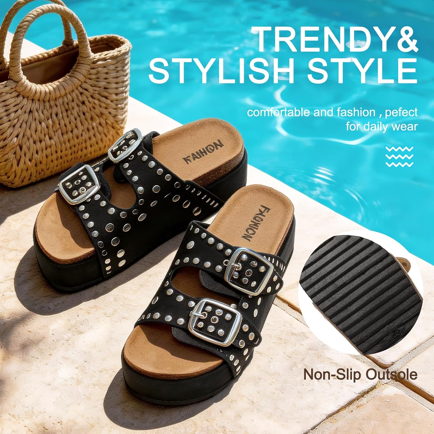 Women's Platform Sandals Footwear-Comfortable Slides Cork Footbed Sandals with Adjustable Straps Non-slip Wide Widths Studded Chunky Summer Sandals for Women