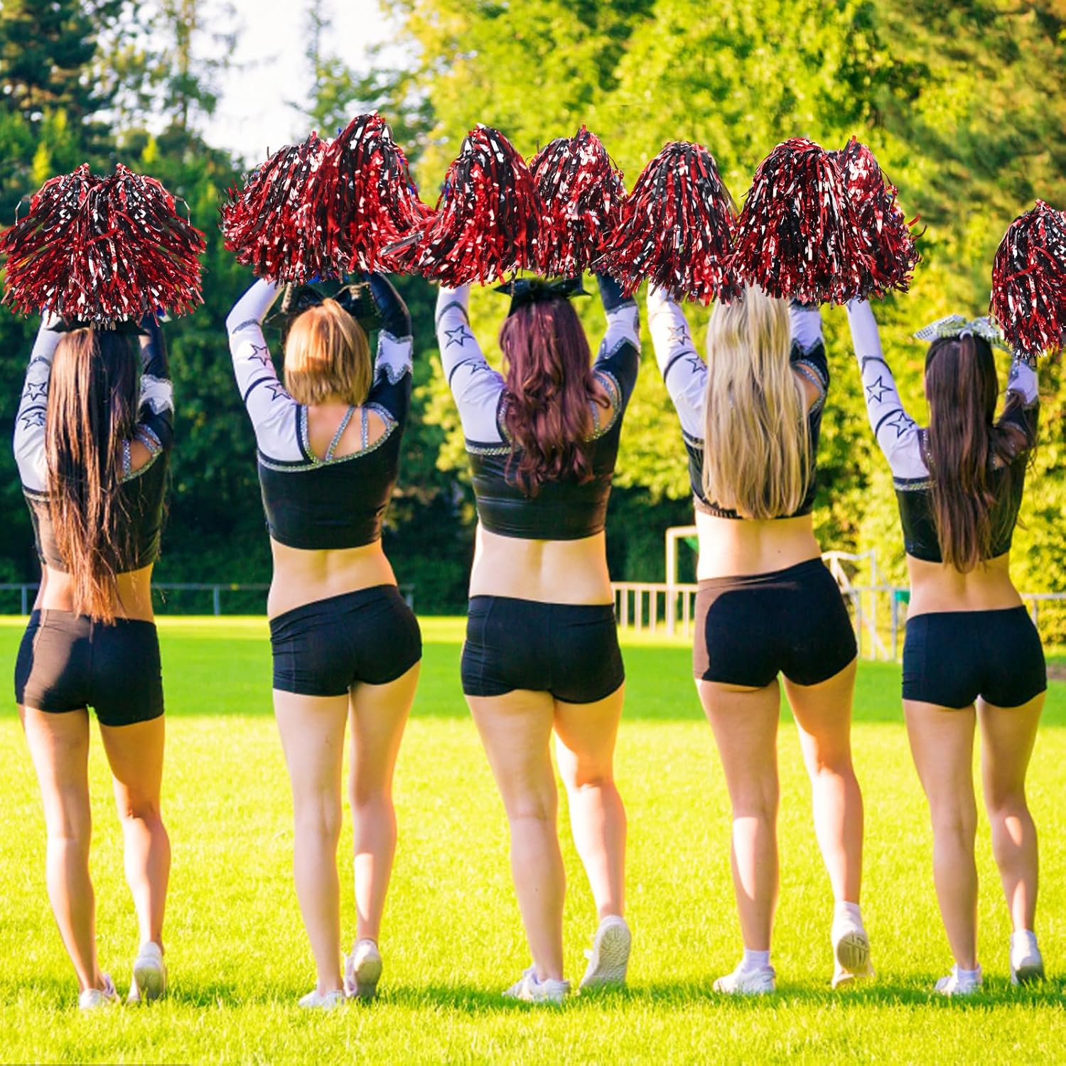 VAIPI 48 Pack Cheerleading Pom Poms Kit with Baton Handle Metallic Foil Squad Team Spirited Fun Cheer Pom Poms Bulk for Kids Adults Cheerleader Gifts Team Spirit Sports Party