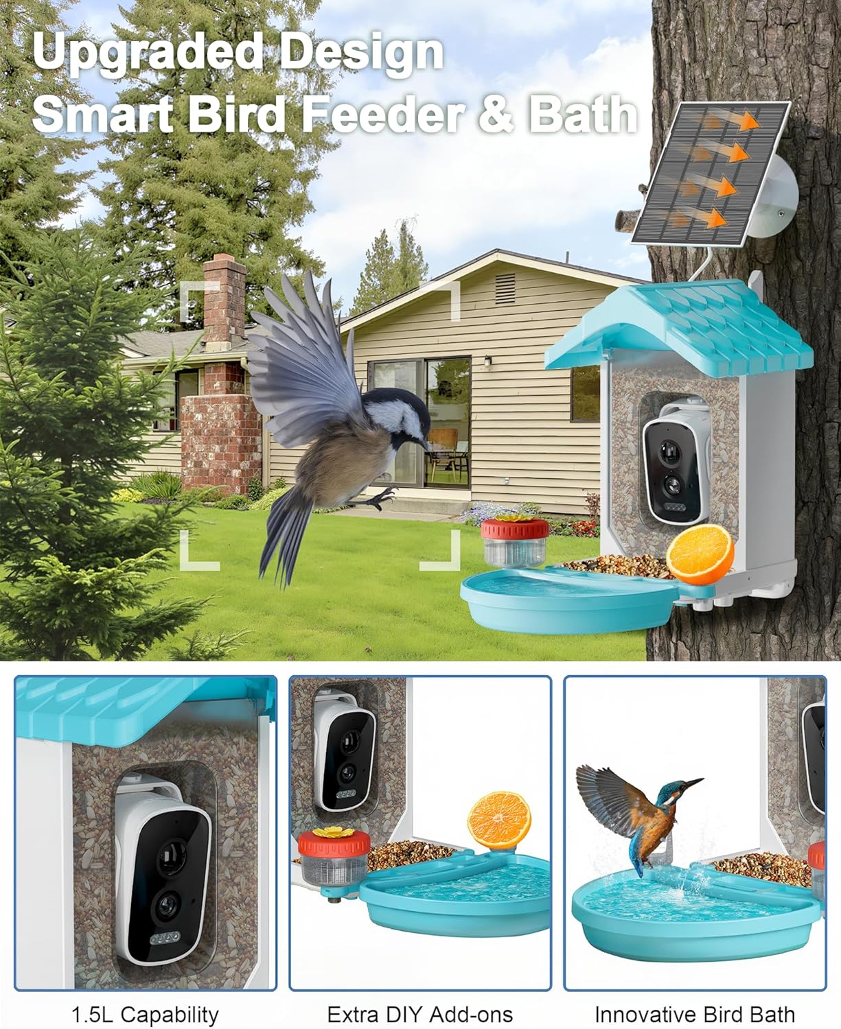 2-in-1 Smart Wild Bird Feeder & Bath with 4K HD Camera, AI Identification Solar Bird Feeder Watching Camera Night Vision for Outdoor Birds Watching Gifts for Birdlover, Blue - Image 3