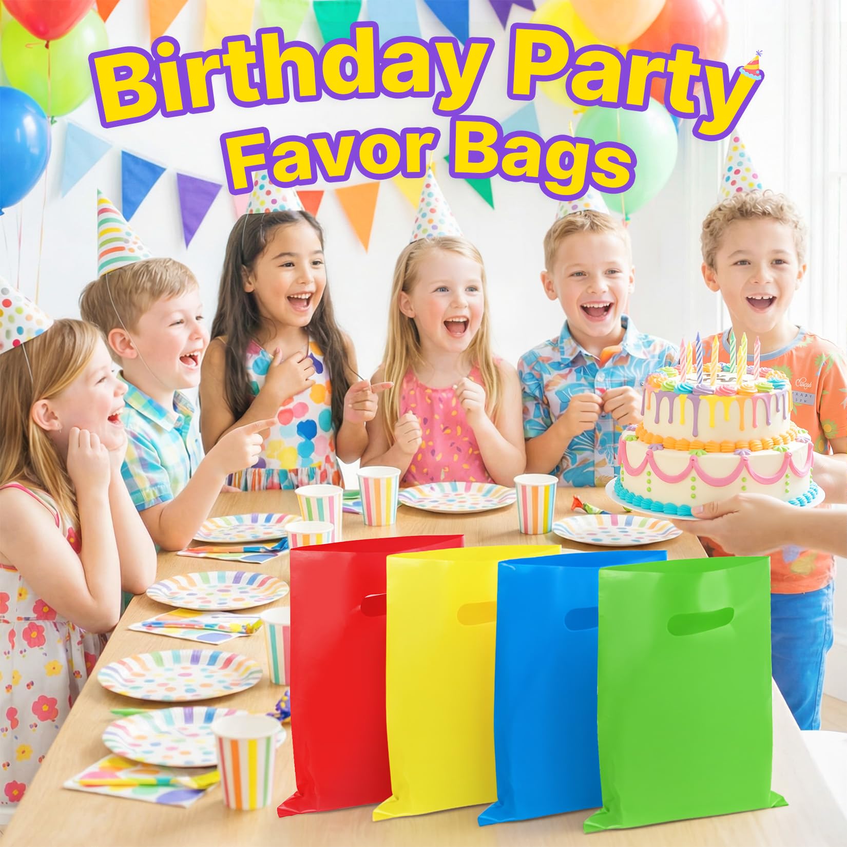 ANZNKU 8"x11" Yellow Party Favor Bags 50 PCS, Plastic Gift Bags for Easter Candy Treat Jewelry Craft, Goodie Bag with Die Cut Handles for Birthday, School Events & Small Business, Wedding
