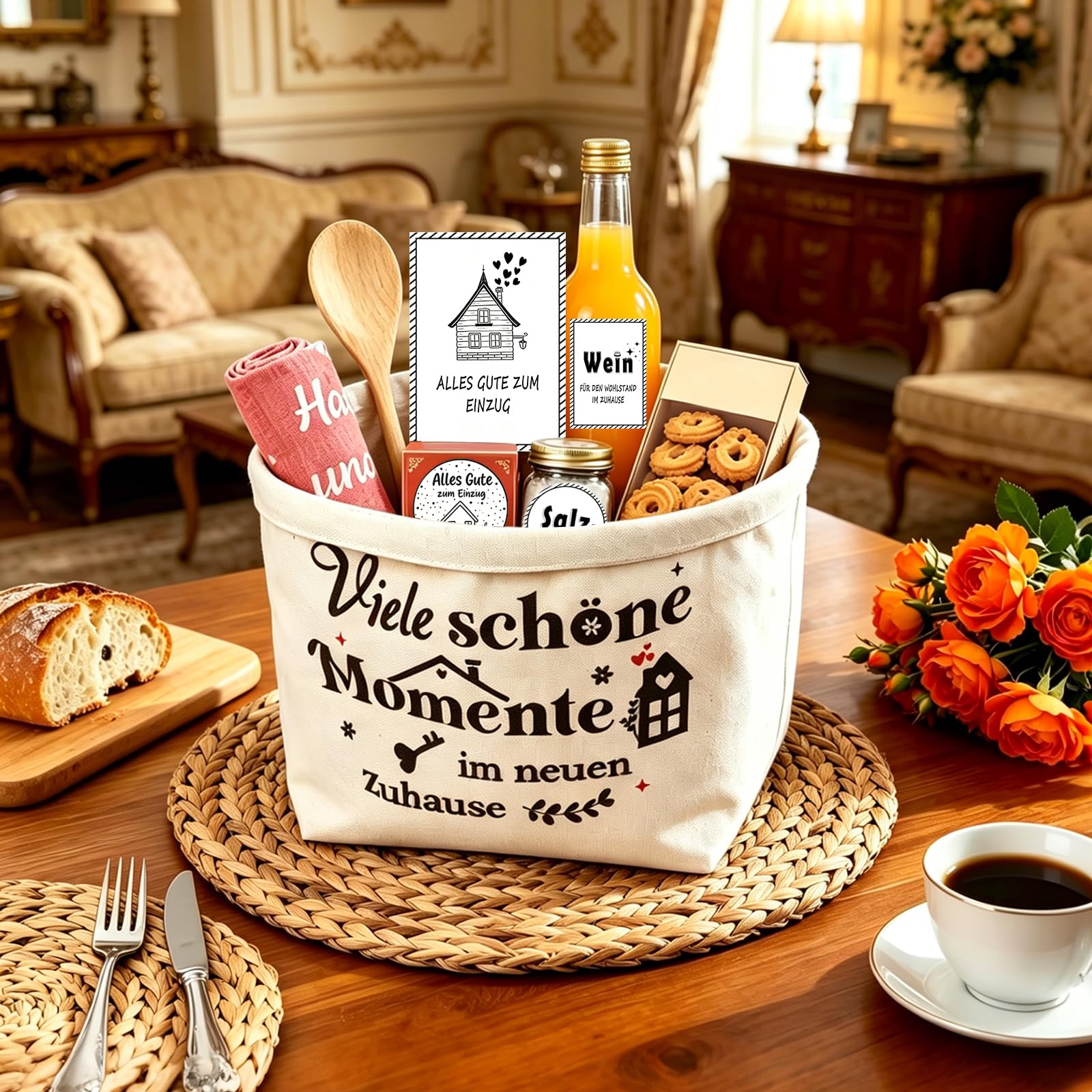 Einzugsgeschenk Set, Geschenk zum Einzug Haus Brot und Salz, Brotkorb mit Holz Schneidebrett, Geschirrtuch, Kochlöffel, Aufklebern, Einweihungsgeschenk für Haus, Wohnung, Mit Aufklebern und Karten