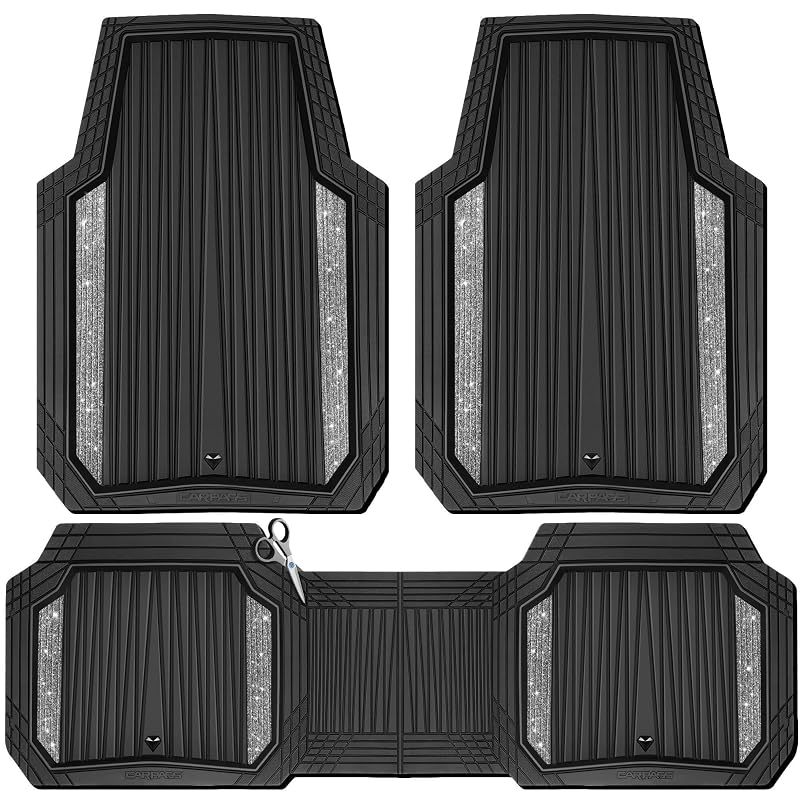Tapetes automotivos de borracha com glitter preto e prata CAR PASS, ajustáveis por recorte para carros, SUVs e caminhões, kit com 3 peças