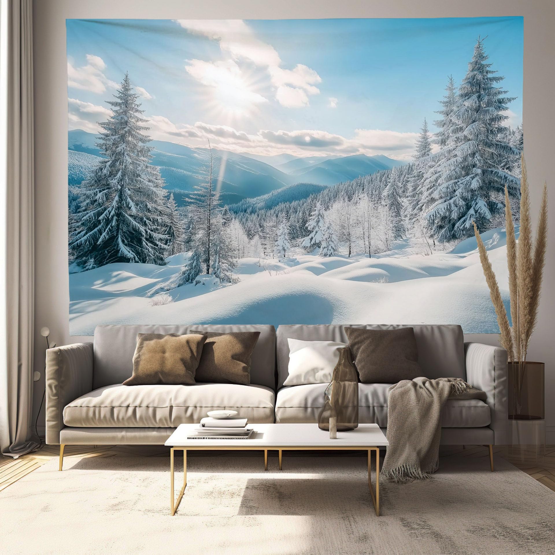 MULERN Scenario Naturale Arazzo, 230x180cm Tappezzeria Inverno Foresta Innevata Arazzo, Estetico Panno da Parete Appeso, Decorazione Parete per La Casa, Camera da Letto, Soggiorno(Blu)