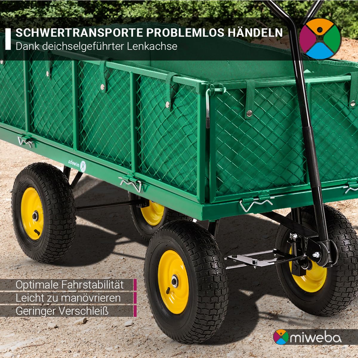 Miweba Bollerwagen MB-700 | 𝟕𝟎𝟎 kg Traglast - Luftreifen - Wände klappbar - Volumen 220 L - Sackkarre - Schubkarre - Transportwagen - Handwagen - Gartenwagen - Wagen - Gartenkarre (Grün)