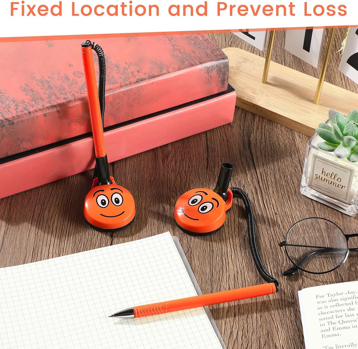 KosizZ 24 Pcs Secure Pen with Plastic Secure Cord and Pen Holder Adhesive Secure Counter Pens 0.5 mm Black Ink Leakproof Gel Pen with Smile Face Design for Office School Welfare Supplies (Orange)