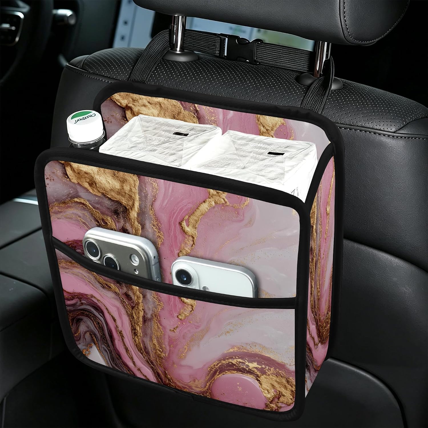 NEWzone Rose Gold Marble Car Back Seat Organizer, Hanging Microfiber Leather Car Storage Bag, Compatible with Most Vehicles Interior Accessories Organizer