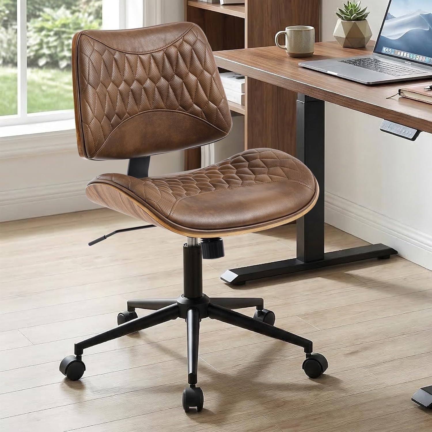 Walnut Bentwood Mid Back Armless Office Chair 1 Pack, Adjustable Height PU Leather Swivel Desk Chair with Wheels, Rolling Computer Task Chair for Home Office, Study, Meeting Room