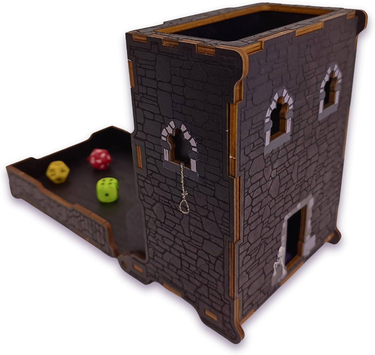 FOXBITE Dice Tower for Dungeons and Dragons Tower with Tray Wood Laser Etched DND Portable and Collapsible Dice Roller Perfect for Board Game and Tabletop RPG, Natural Wood Carved and Printed 5e