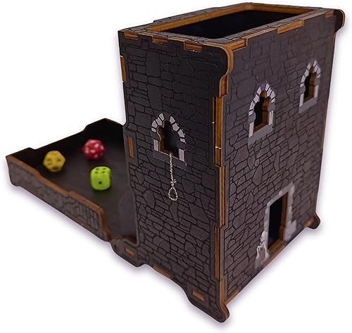 Miniatura 8 de FOXBITE Torre de dados para Dungeons and Dragons Tower con bandeja de madera grabada con láser DND portátil y plegable, rodillo de dados perfecto