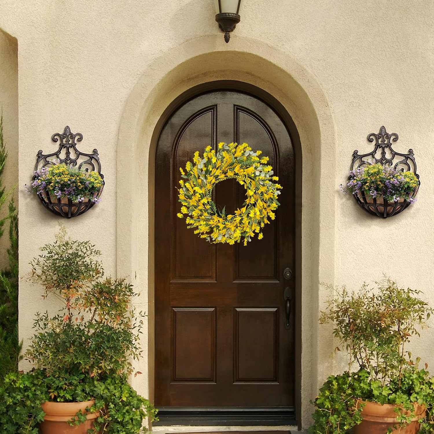 22 Inch Yellow Forsythia Wreaths for Front Door, Spring Summer Floral Wreath, Farmhouse Wreath for Porch, Wall, Window, Indoor Outdoor Home Decor