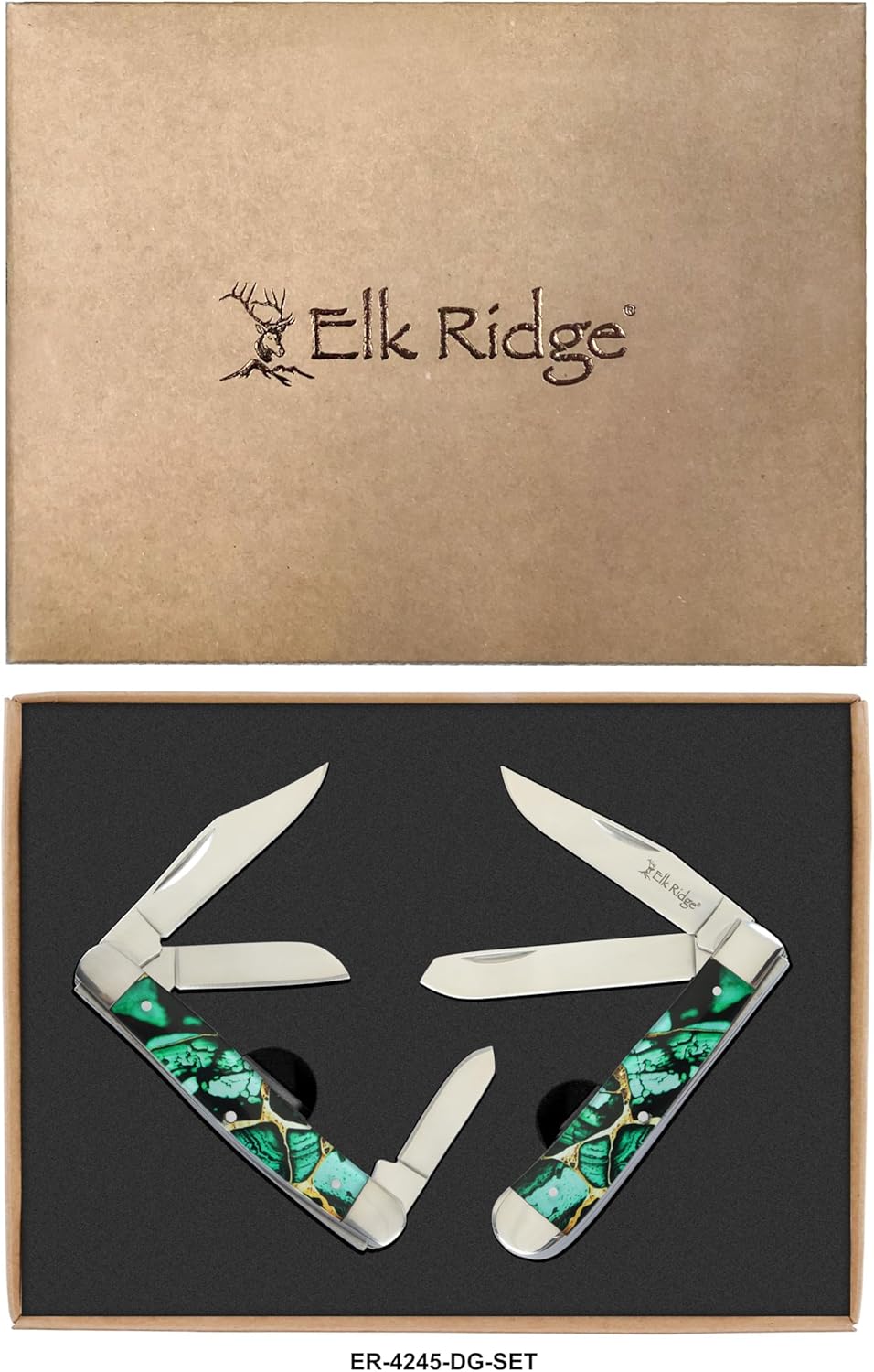 Elk Ridge 2PC Traditional Classic Style Folding-Knife Holiday Gift-Set Hunting-Camping- Whittling-EDC and Outdoors 4245DG