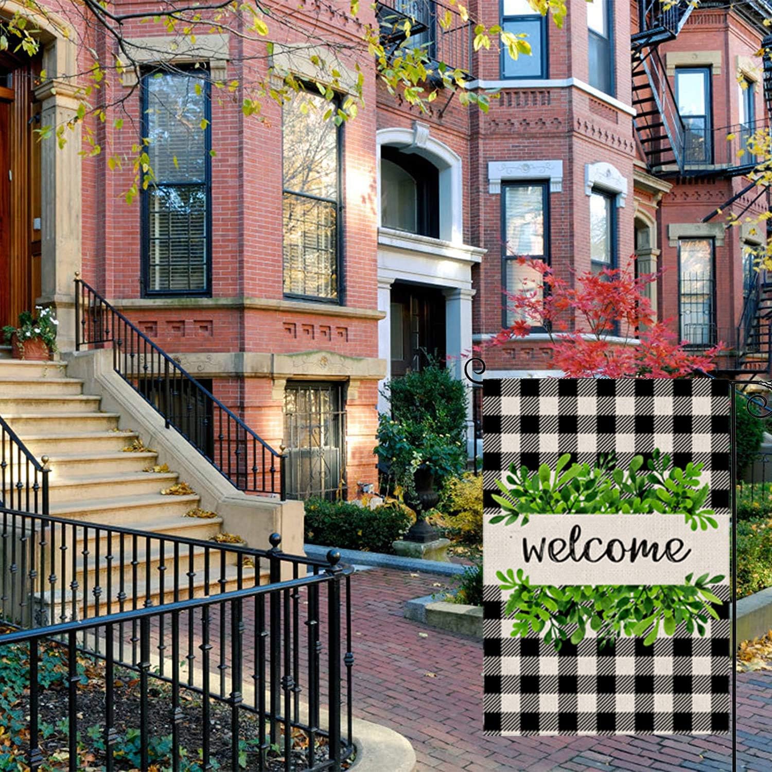 Spring Garden Flag Welcome Flags 12x18 Double Sided Buffalo Check Plaid Burlap Evergreen Yard Flags for Spring Winter Yard Outdoor Farmhouse Decor Small