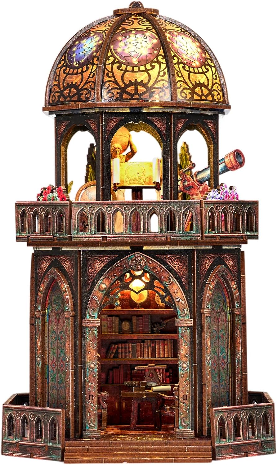 TOYQI Book Nook Mini House Kit, DIY Miniature Dollhouse Booknook for Adults, 3D Wooden Puzzle Bookend Bookshelf Insert Decor, Tiny Stargazing Tower Observatory, Gift for Family and Friends