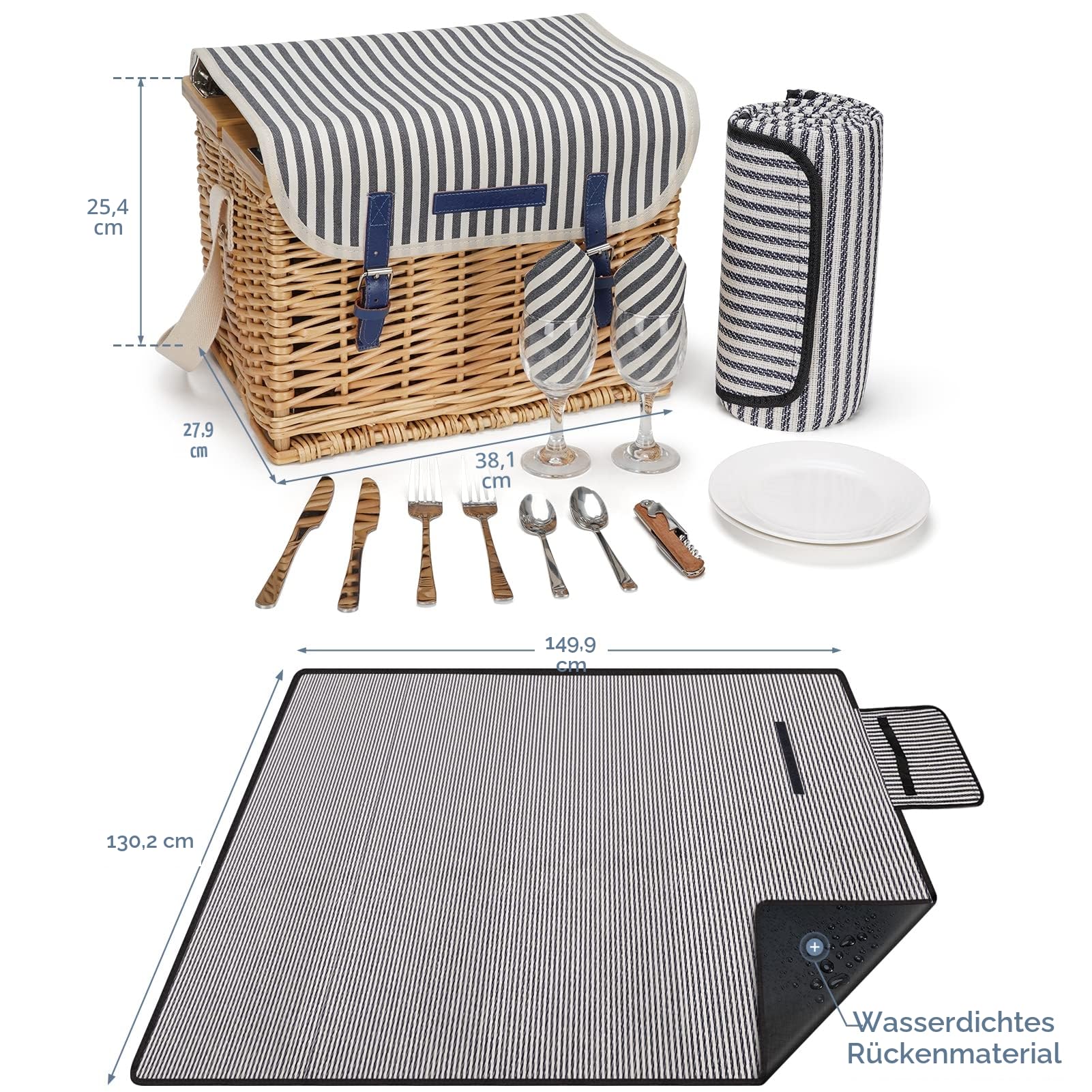 Weidenkorb Picknickkorb für 2 Personen Picknickset, Weidenkorb Service Geschenkset mit Bambus Weintisch mit Metallbeinen für Camping und Outdoor Party