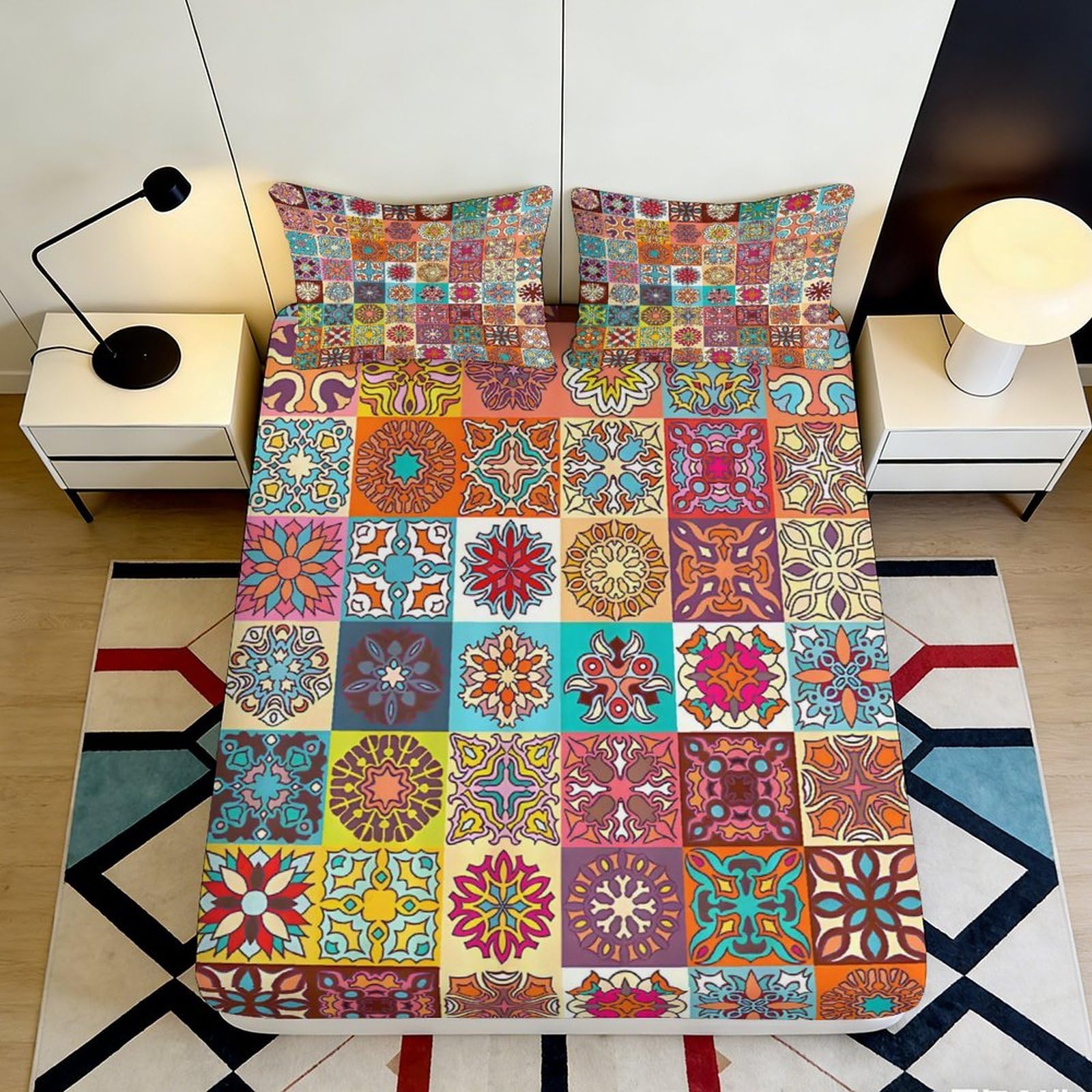 3D Printed Mosaic Patchwork Fitted Sheet Microfiber Colourful Geometric Bed Cover for Bedroom Guest Room Decor 90x200x25cm