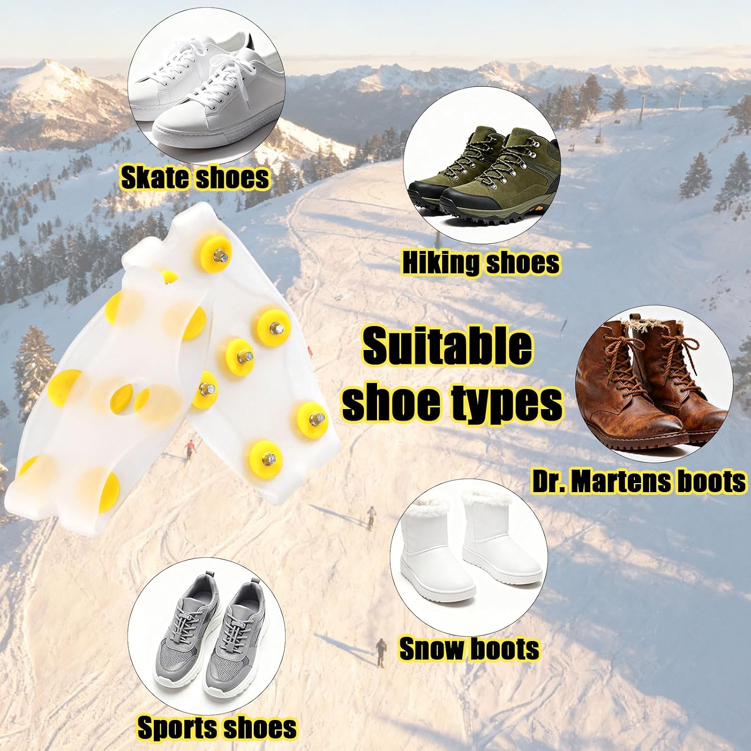 2pcs Ice Cleats for Shoes & Boots, Anti Slip Crampons with 7 Steel Spikes Traction Grips for Hiking Snow Walking Climbing Jogging & Ice Fishing (White, Yellow)