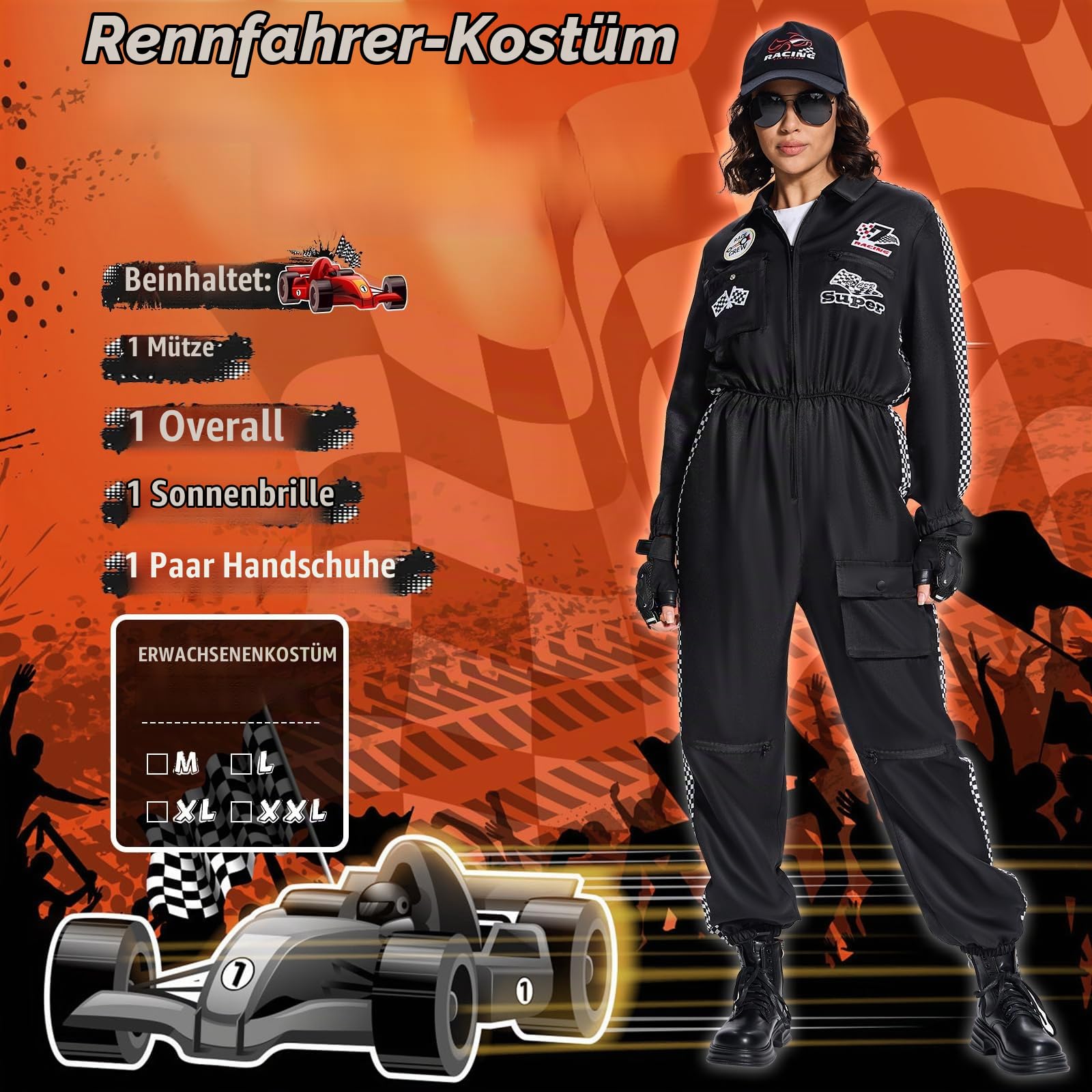 BuzzoXerex Rennfahrer Kostüm Damen, Rennfahrer Anzug Damen mit Handschuhe, Hüte, Sonnenbrille Rennfahrer Kostüm Overall Jumpsuit für Karneval, Party, Cosplay (Schwarz, L)