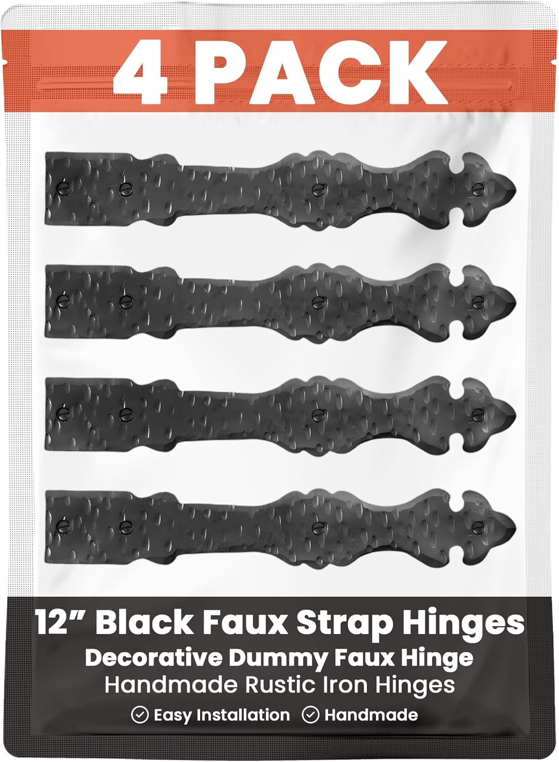 4 Pack 12" Black Faux Strap Hinges - Decorative Dummy Faux Hinge – Handmade Rustic Iron Hinges for Farmhouse Shutter, Carriage Doors, Barn Door, Castle Door, and Gate – The Iberian Series